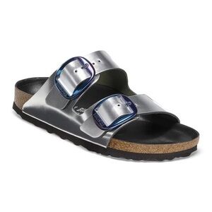 BIRKENSTOCK Arizona Big Buckle Slide Sandal in metallic silver Sz 40 / 9